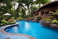 Pool area backyard banner. Generate Ai Royalty Free Stock Photo