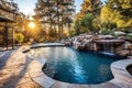 Pool area backyard sunset. Generate Ai Royalty Free Stock Photo