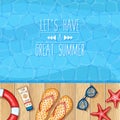Pool background with beach accessories on wooden plank platform Royalty Free Stock Photo