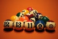 Pool balls pyramid on orange cloth for eightball game