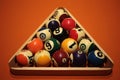 Pool balls pyramid on orange cloth for eightball game Royalty Free Stock Photo