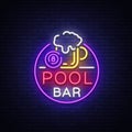 Pool bar logo in neon style. Neon sign design template for Billiard bar, club, beer and billiard light banner, night Royalty Free Stock Photo