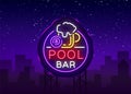 Pool bar logo in neon style. Neon sign design template for Billiard bar, club, beer and billiard light banner, night Royalty Free Stock Photo