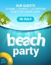 Pool beach summer party invitation banner flyer design. Water and palm inflatable yellow mattress. Beach party template Royalty Free Stock Photo