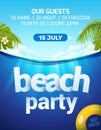 Pool beach summer party invitation banner flyer design. Water and palm inflatable yellow mattress. Beach party template poster Royalty Free Stock Photo