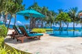 Pool bed with coconut trees and beautiful beach as background at Koh Chang, Trat Royalty Free Stock Photo