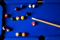 Pool billiard balls on blue table sport game set. Snooker, pool game Royalty Free Stock Photo