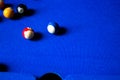 Pool billiard balls on blue table sport game set. Snooker, pool game Royalty Free Stock Photo