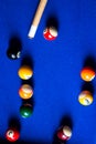 Pool billiard balls on blue table sport game set. Snooker, pool game Royalty Free Stock Photo