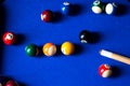 Pool billiard balls on blue table sport game set. Snooker, pool game Royalty Free Stock Photo