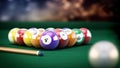 Pool or billiard balls and cue on green table cloth. 3D illustration