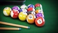 Pool or billiard balls and cue on green table cloth. 3D illustration