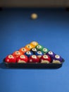 Pool billiard balls in a plastic rack - commonly used starting p Royalty Free Stock Photo