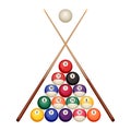 Pool billiard balls starting position with crossed wooden cues vector