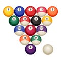 Pool billiard balls in starting position vector illustration isolated on white. Royalty Free Stock Photo