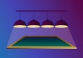 Pool billiard table with four ceiling lamps that shine and hang on purple background. Vector illustration in realistic style. Royalty Free Stock Photo