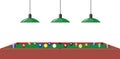 Pool Billiard table and hanging lamps under it, side view. Multi colored pool balls on billiard table. Vector illustration Royalty Free Stock Photo