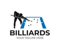 Pool billiards, human next to blue table with snooker cues and balls, logo design. Billiards sport game and tournament with player Royalty Free Stock Photo