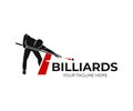 Pool billiards, human next to red table with snooker cues and balls, logo design. Billiards sport game and tournament with player,