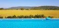 The pool and blue water ring floating  with beautiful yellow rice field, green tree, mountain range and clear blue sky background Royalty Free Stock Photo