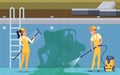 Pool cleaning. Industrial cleaners working outdoor and cleaning swimming pool with professional tools exact vector Royalty Free Stock Photo