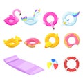 Pool cute kids inflatable floats, vector isolated design elements. Unicorn, flamingo, duck, ball, donut icons.