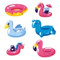 Pool cute kids inflatable floats, vector isolated design elements. Unicorn, flamingo, swan, donut icons isolated on Royalty Free Stock Photo