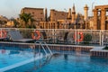 Pool deck luxury boat cruise ship in egypt luxor during dawn sunset