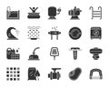 Pool equipment black silhouette icons vector set