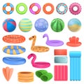 Pool equipment icons set, cartoon style