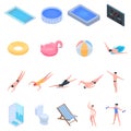 Pool equipment icons set, isometric style