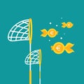 Pool or fish net with euro coins as golden fish. Catch, hunt, chase money goldfish. Royalty Free Stock Photo