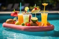 pool float with tray holding classic cocktails