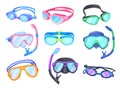 Pool goggles. Cartoon swimming aviator glasses set, professional diving goggle snorkel mask tube for sport swim in