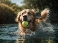 In the pool, a happy puppy dog dives and leaps, holding tennis ball in his mouth,