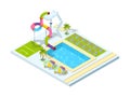 Pool hotel. Recreation area resort vacation water slide park vector isometric illustrations