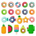 Pool inflatable rings and mattress set. Vector illustration. Summer beach kids floating funny toys Royalty Free Stock Photo