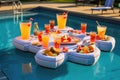 pool inflatables around tray of tom collins cocktails