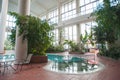 Pool inside the building, surrounded by plants