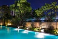 Pool lighting in backyard at night for family lifestyle and living area. Luxury design with good light and clean landscaping. Royalty Free Stock Photo