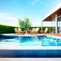 a pool with lounge chairs and a table in the middle Royalty Free Stock Photo