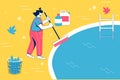 Pool maintenance concept. Woman cleaning pool with brush.