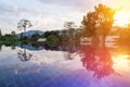 Pool at nature landscape sunset for vacation time Royalty Free Stock Photo