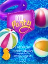 Pool party banner with inflatable toys and inflatable in swimming pool view above. Royalty Free Stock Photo