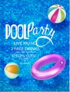 Pool party banners with inflatable toys in swimming pool view above.
