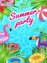 Pool party card. Swim summer inflatable toys poster fun tropical beach flyer lifesaver equipment children sea Royalty Free Stock Photo