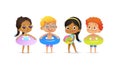 Pool party characters. Multiracial boys and girls wearing swimming suits and rings have fun in pool. African-American Royalty Free Stock Photo