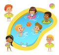 Pool party characters. Multiracial boys and girls wearing swimming suits and rings have fun in pool. African-American Royalty Free Stock Photo