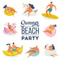 Pool Party doodle set. Happy people. Summer outdoor activities and festive decoration. Vector illustration isolated on white backg Royalty Free Stock Photo