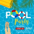 Pool party flyer. Female legs, inflatable mattress, rings, palm leaves. Top view.